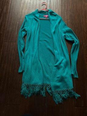 Lilly Pulitzer Turquoise Open-Front Fringe Hem Women's Sweater Cardigan